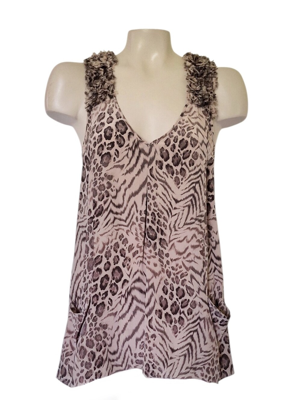 Rebecca Taylor Silk Animal Print Tank Top Ruffle Trim Pockets Y2K S